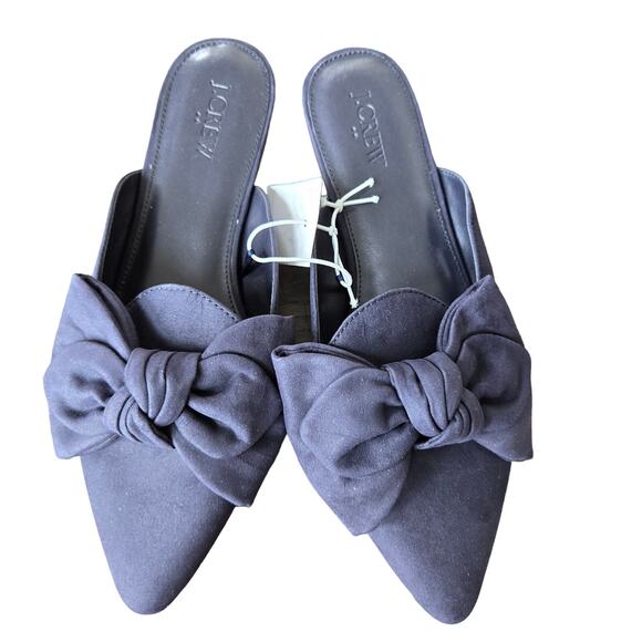 J. Crew Factory Navy Bow Microsuede Flat Pointed Toe Mules Size 8M NWT - Picture 1 of 9